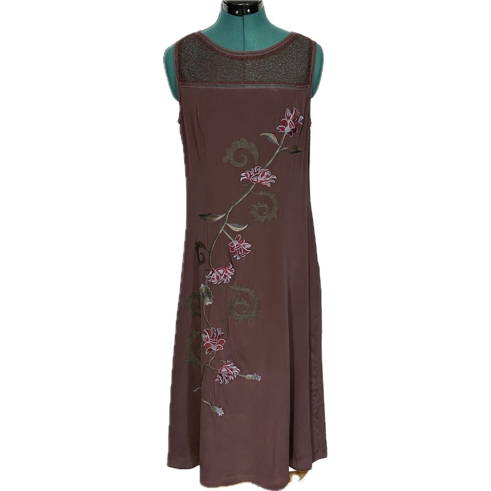 Sundance Silk Midi Dress Floral Embroidery Lace Yoke 10 Burgundy Boho Romantic